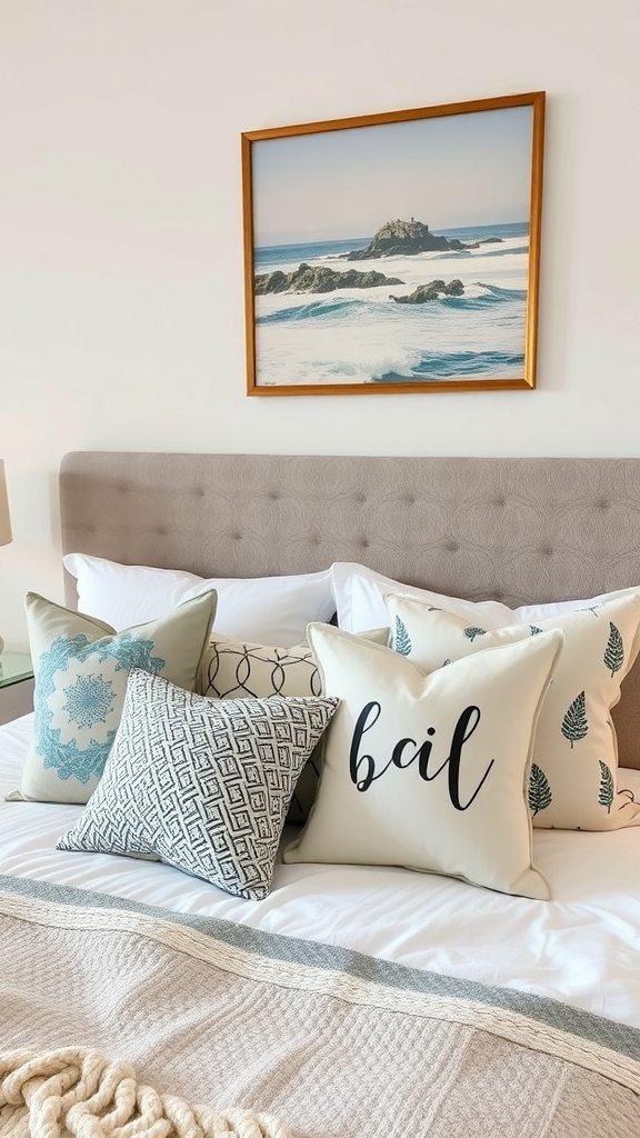 A cozy coastal-themed bedroom with various throw pillows on the bed, featuring different patterns and a framed ocean picture on the wall.