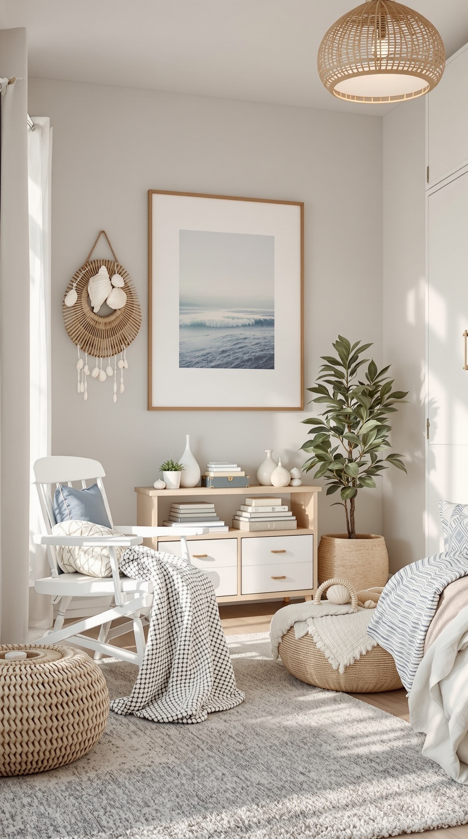A cozy kids room with a coastal beach theme featuring light colors, a rocking chair, and natural decor.