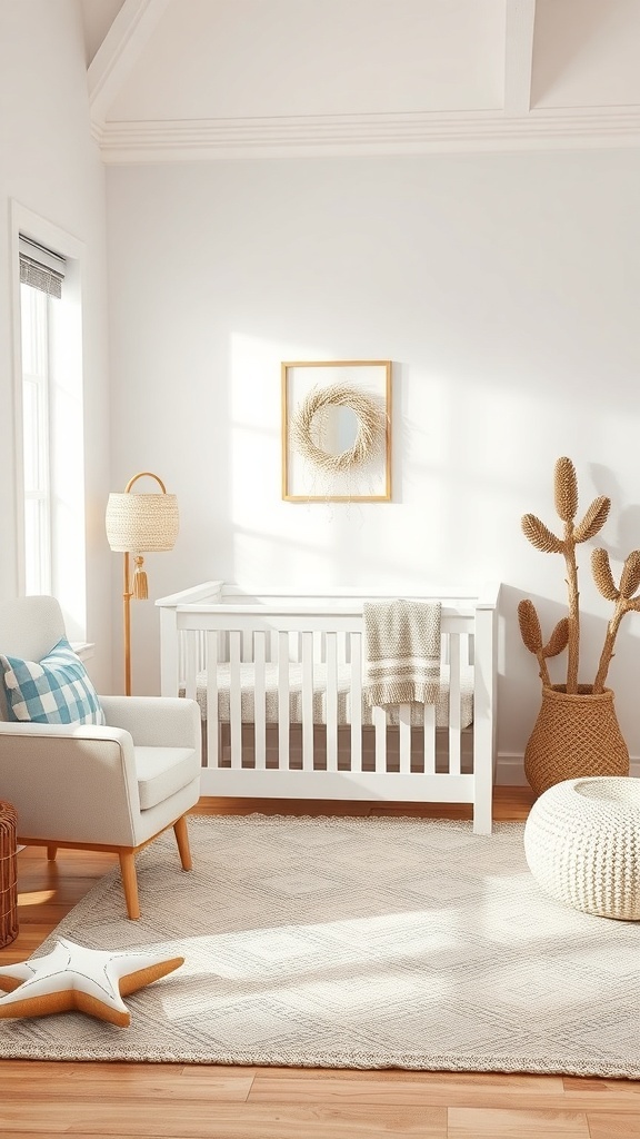A bright nursery with coastal beach vibes featuring a white crib, cozy chair, and decorative elements.