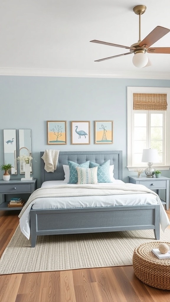 A serene bedroom featuring a grey bed frame, light blue walls, and coastal decor.