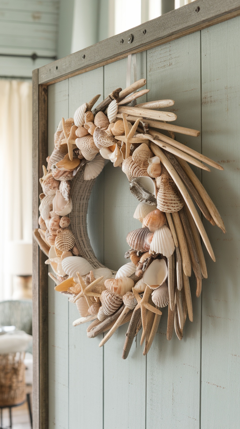 A coastal Christmas wreath made of seashells and driftwood, hanging on a light blue wall.