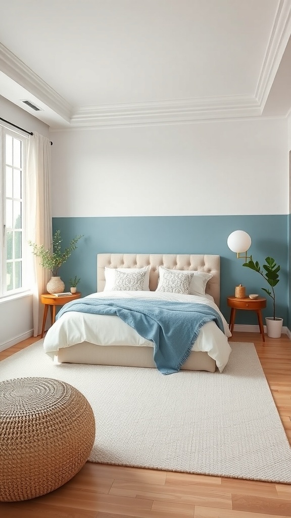 A coastal-themed teen bedroom featuring a color block accent wall with soft blue and white colors.