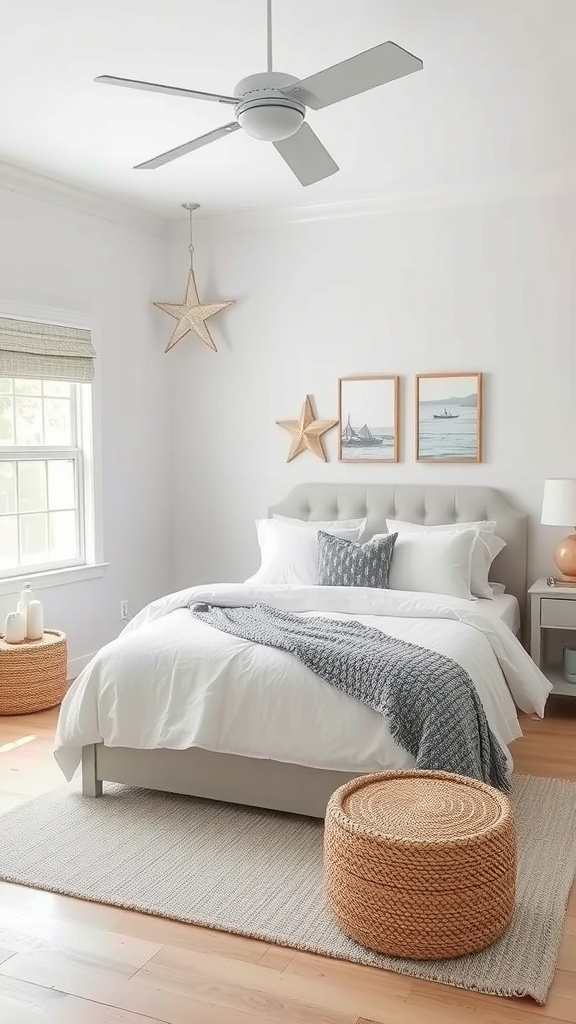 A coastal grey bedroom featuring a grey bed, white bedding, woven poufs, and nautical decor.
