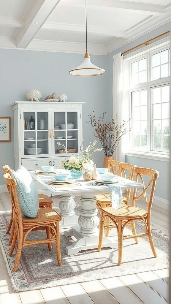 Coastal inspired dining area with light blue walls, white table, rattan chairs, and natural decor.