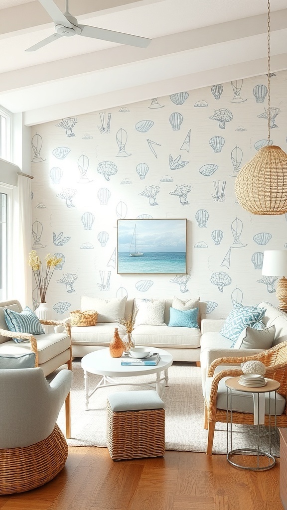 A coastal-themed living room with light blue wallpaper featuring seashells and sailboats, cozy furniture, and a relaxed atmosphere.
