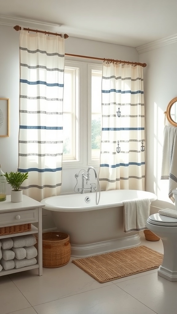 A bright bathroom with nautical-themed curtains featuring stripes and anchors, a freestanding bathtub, and natural decor.