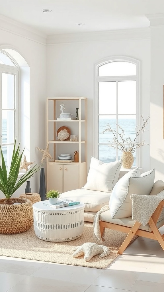 A bright coastal reading corner with a comfy chair, a round coffee table, and ocean views through large windows.