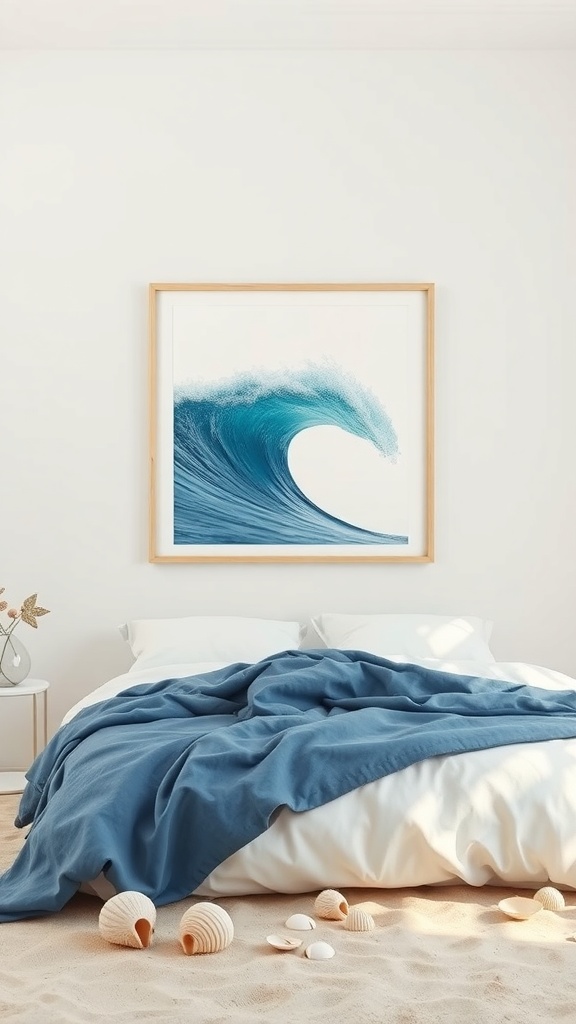 A framed ocean wave print above a bed with blue bedding and seashells on the sandy floor.