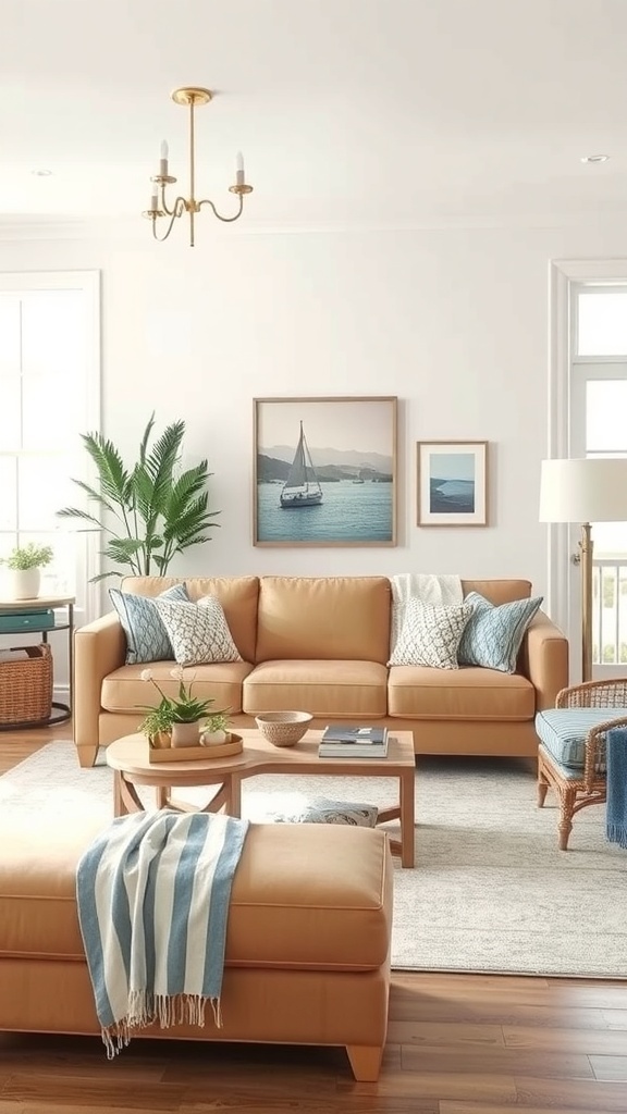 A cozy living room featuring a tan couch, coastal decor, and natural light.
