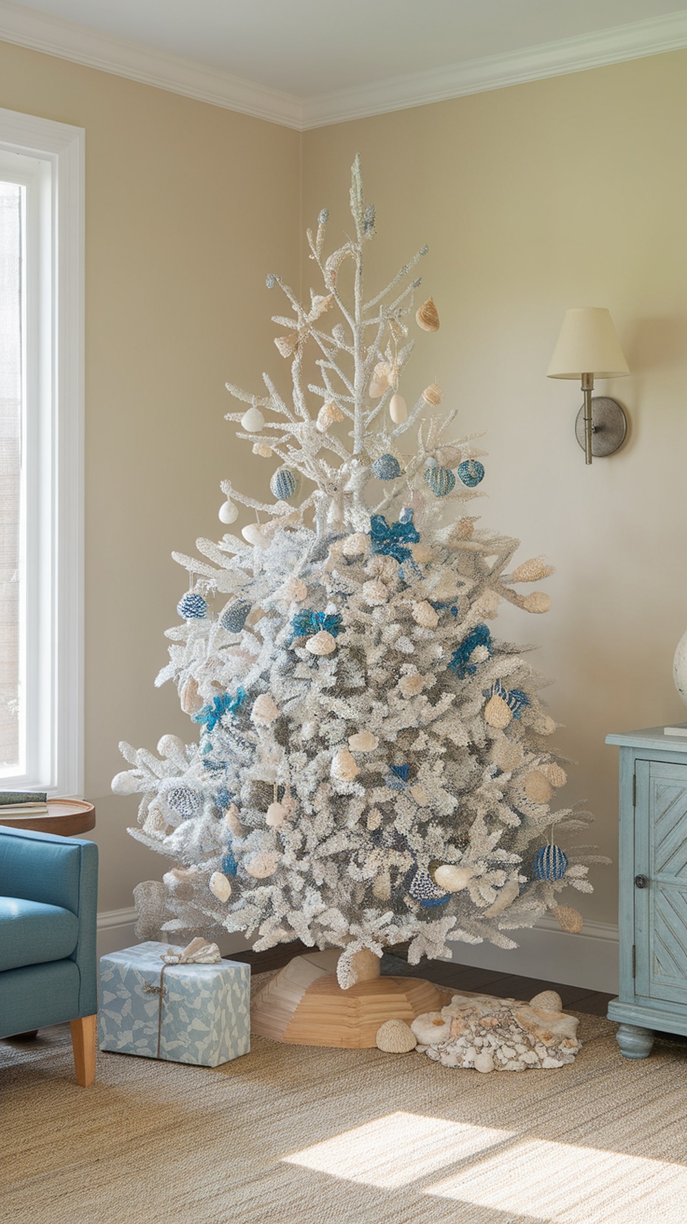 A coastal-themed white Christmas tree decorated with blue and beige ornaments, featuring seashells and coral, set in a cozy living room.
