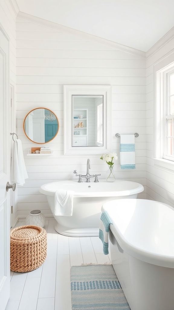 A bright and airy coastal-themed bathroom featuring shiplap walls, a freestanding tub, and soft blue accents.