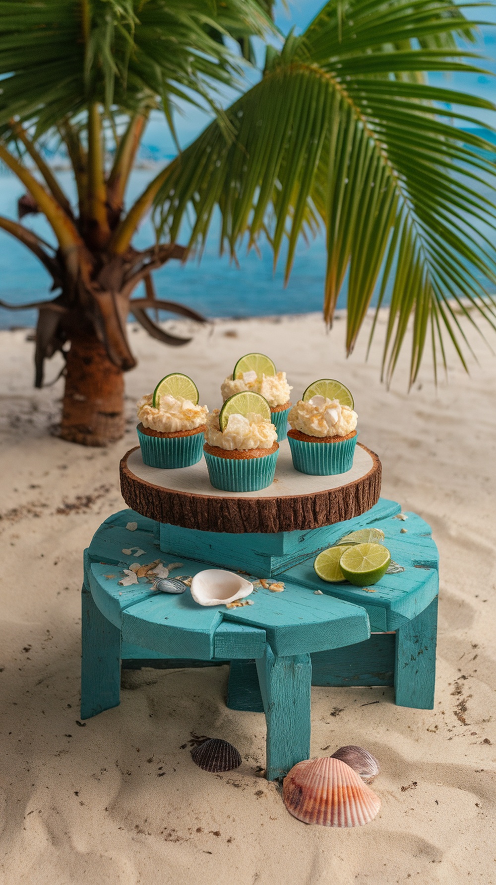 Coconut lime cupcakes on a wooden stand with lime slices and a beach background
