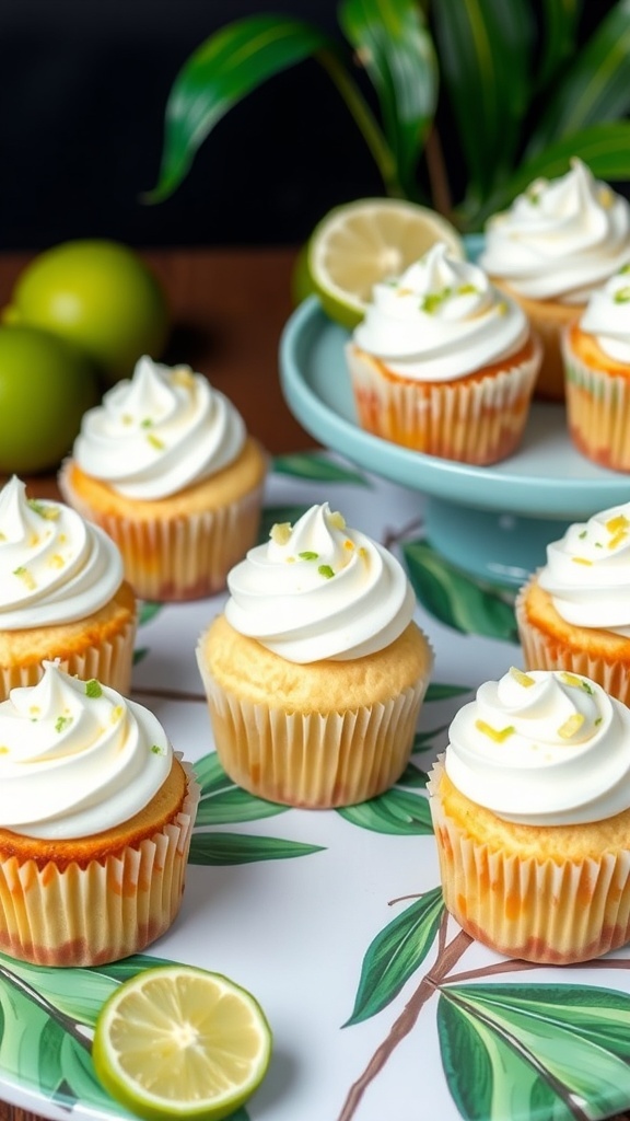 Coconut lime cupcakes topped with whipped cream and lime zest, arranged on a colorful platter.