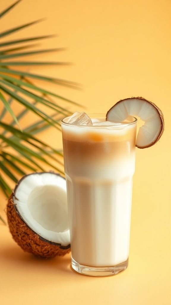 A glass of coconut milk cold brew with a slice of coconut and a palm leaf in the background.