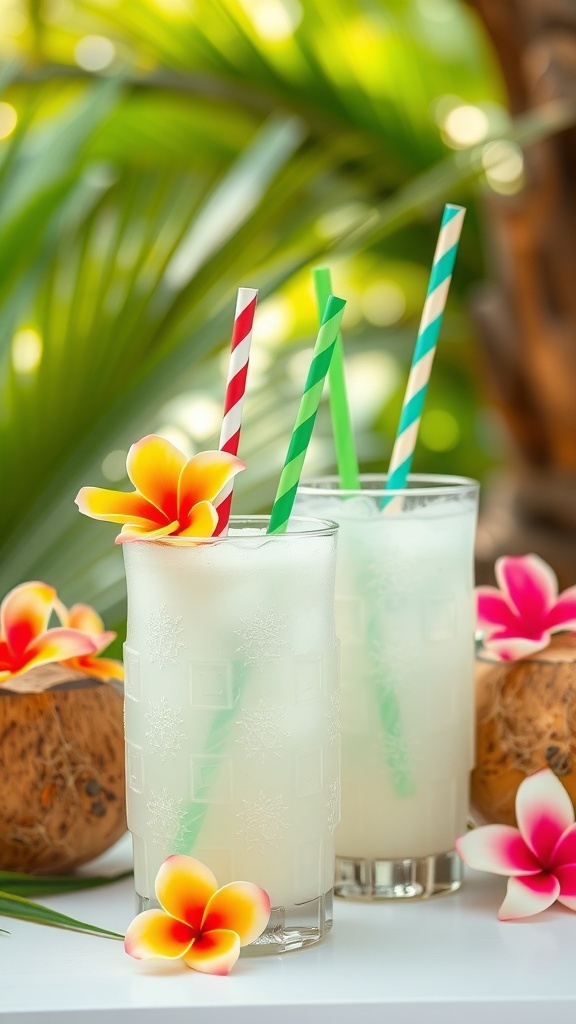 Coconut Water Cooler with tropical flowers and colorful straws