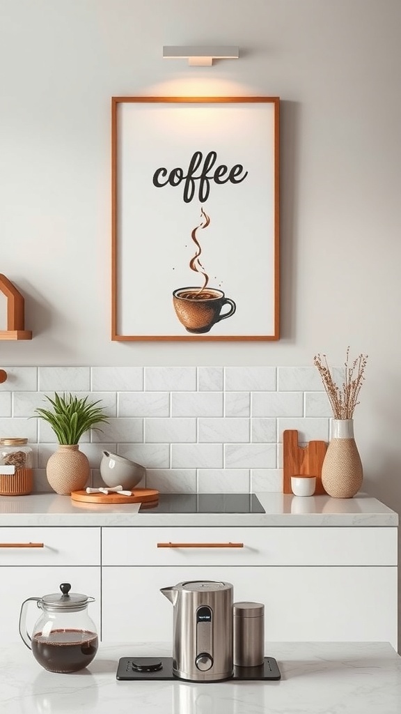 Coffee-themed artwork featuring a steaming cup of coffee on a kitchen wall.
