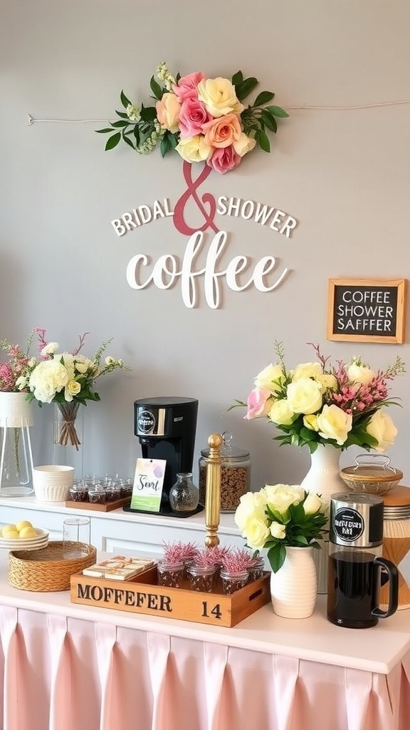 Decor set up for a bridal shower coffee bar, featuring flowers and a coffee machine