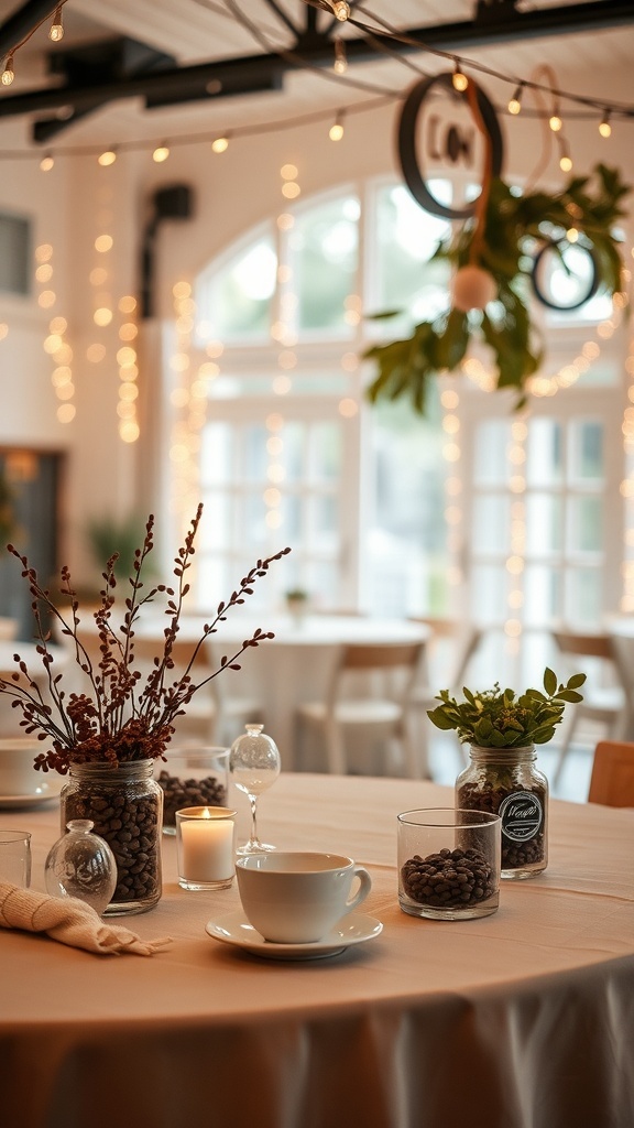 Decorations for a coffee-themed bridal shower featuring jars with coffee beans, candlelight, and plants.