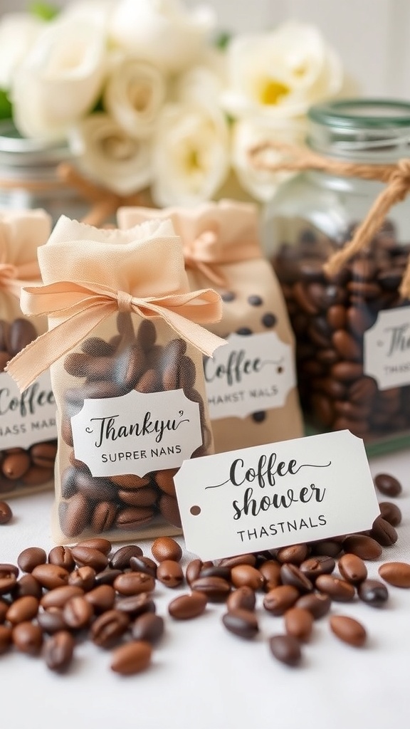 Coffee-themed bridal shower favors in cute packages with ribbons and labels.