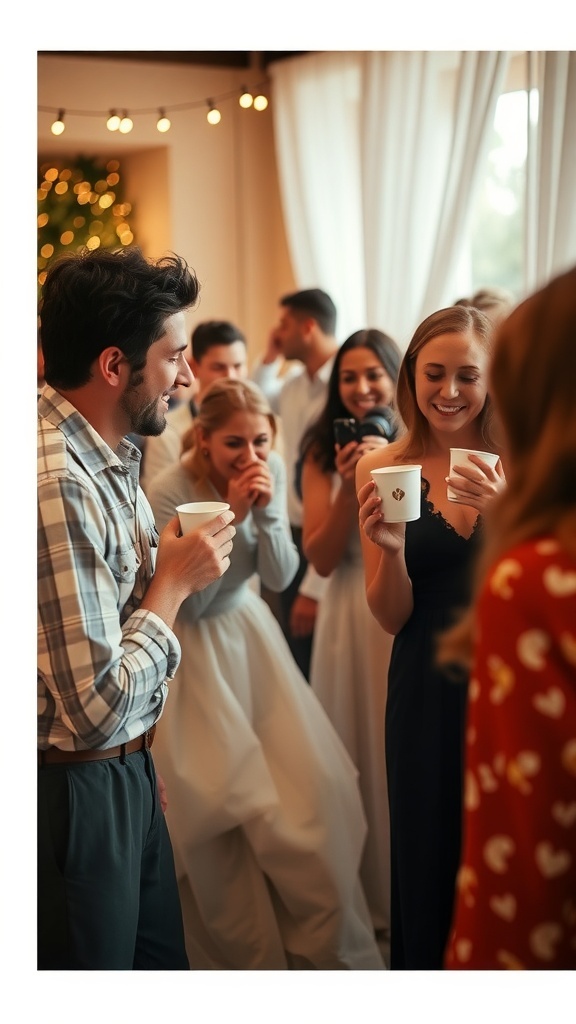 Guests enjoying coffee at a bridal shower, engaging in lively conversation.