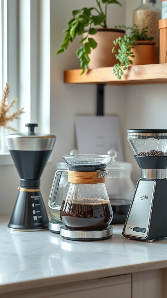 A stylish coffee station with a grinder, pour-over coffee maker, glass carafe, and digital scale, complemented by plants on a shelf.