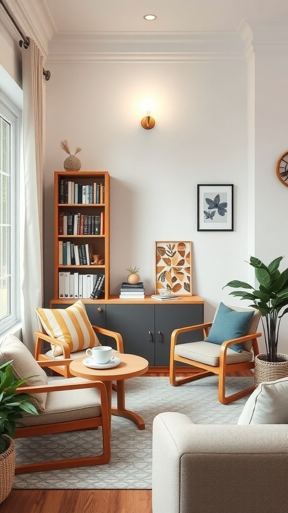 A cozy coffee and book nook with wooden furniture, a small round table, a steaming cup of coffee, and a bookshelf filled with books.