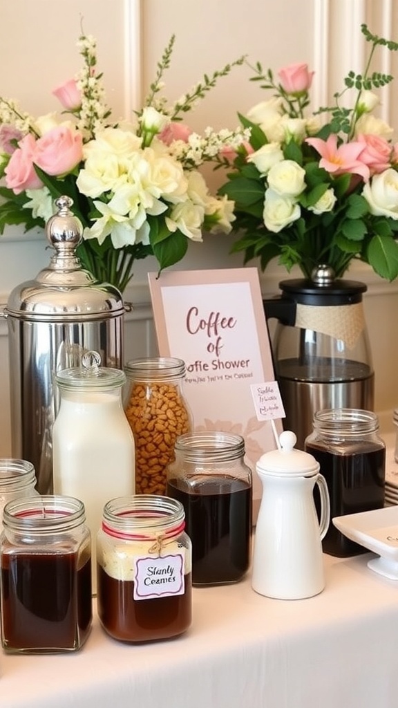 Coffee and cream station with jars of coffee, creamers, and flowers