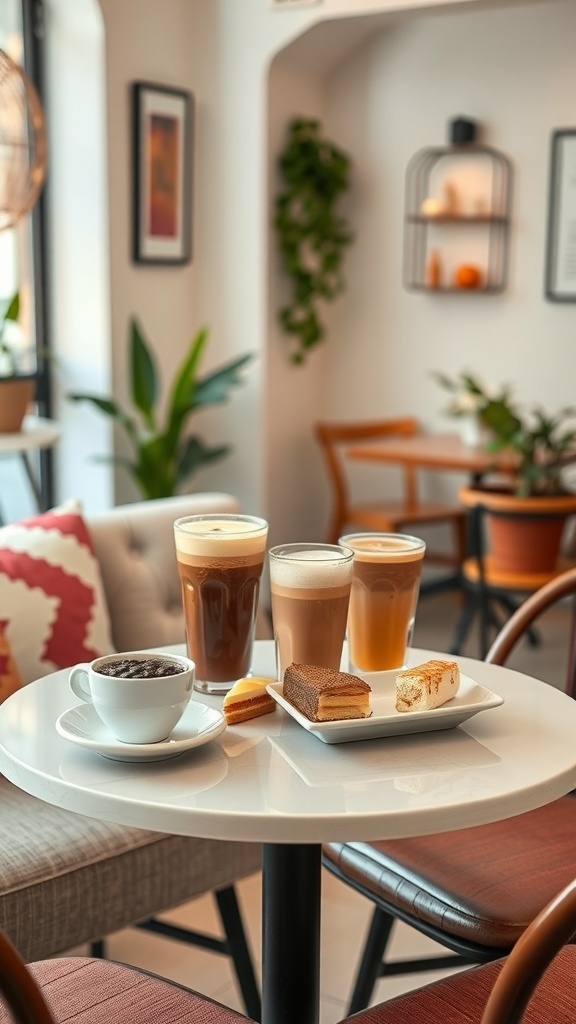 A cozy coffee bar table with a cup of black coffee, three creamy coffee drinks, and a plate of assorted desserts.