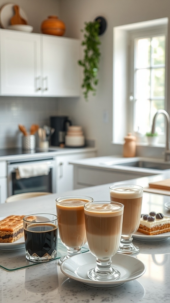 A kitchen counter with various coffee drinks and desserts, showcasing a cozy coffee bar setup.