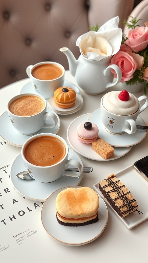 A beautifully arranged coffee bar with various desserts including cupcakes, macaroons, and lattes.