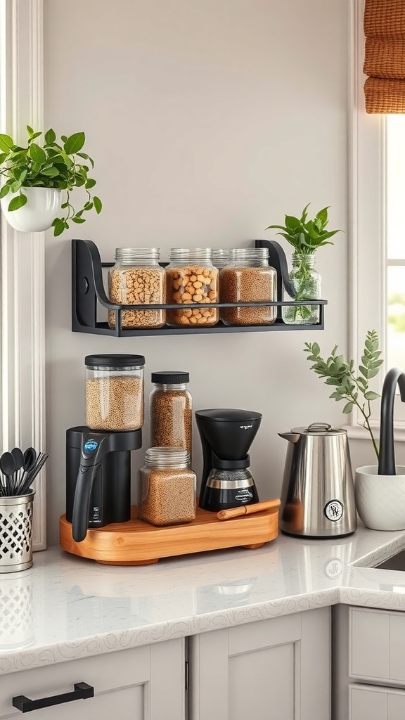 Coffee maker and spice rack combo on a kitchen counter with jars and plants