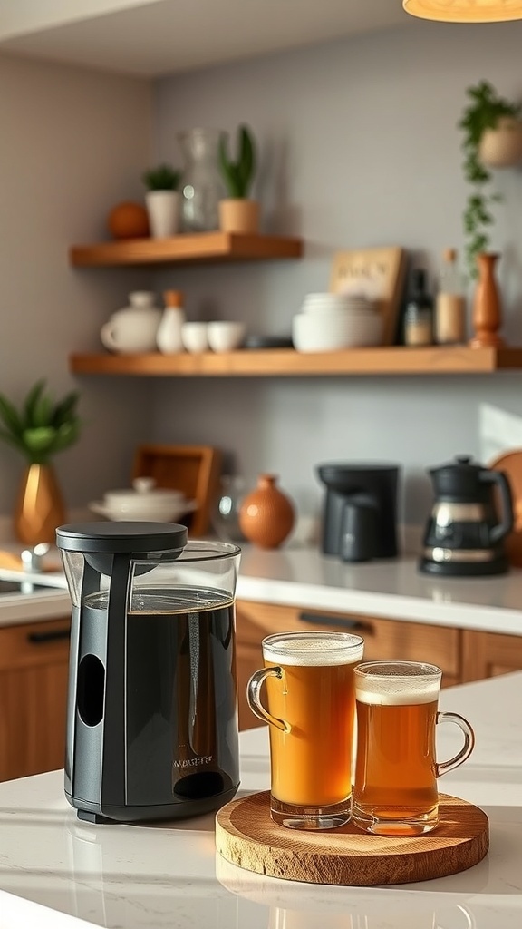 A modern coffee maker with two mugs of beverages on a wooden serving board in a stylish kitchen.