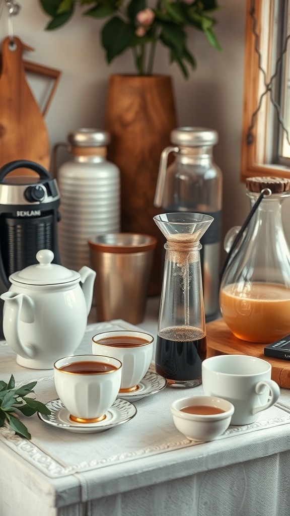 A beautifully arranged coffee and tea setup for a bridal shower.