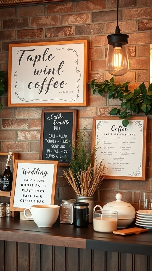 Decorative coffee bar signage for a bridal shower featuring a rustic theme