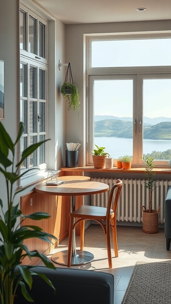 A cozy coffee bar setup with a view, featuring a wooden table, a chair, and potted plants by a large window overlooking a scenic landscape.