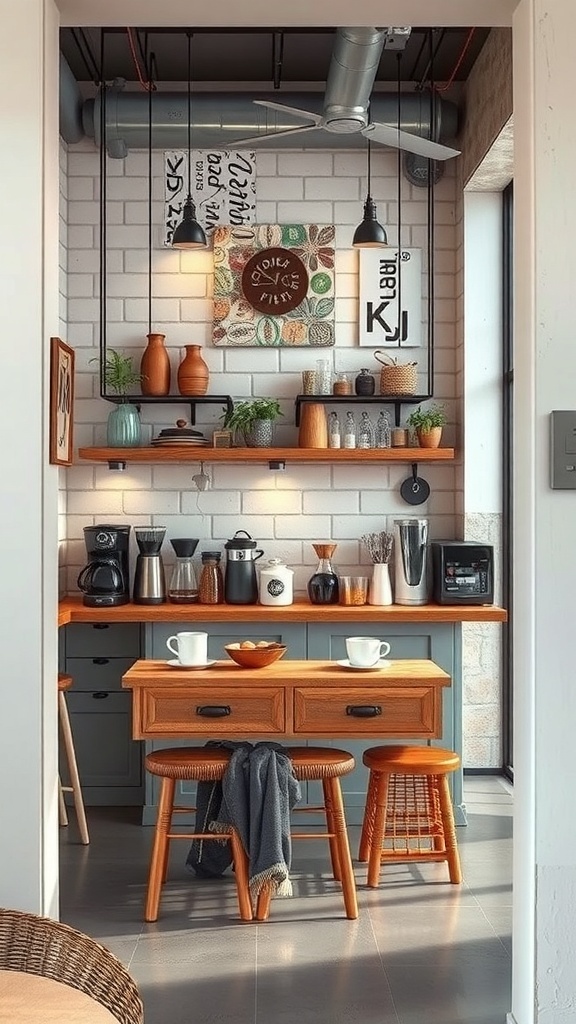 A cozy coffee bar setup featuring recycled materials, including wooden shelves and vintage items.