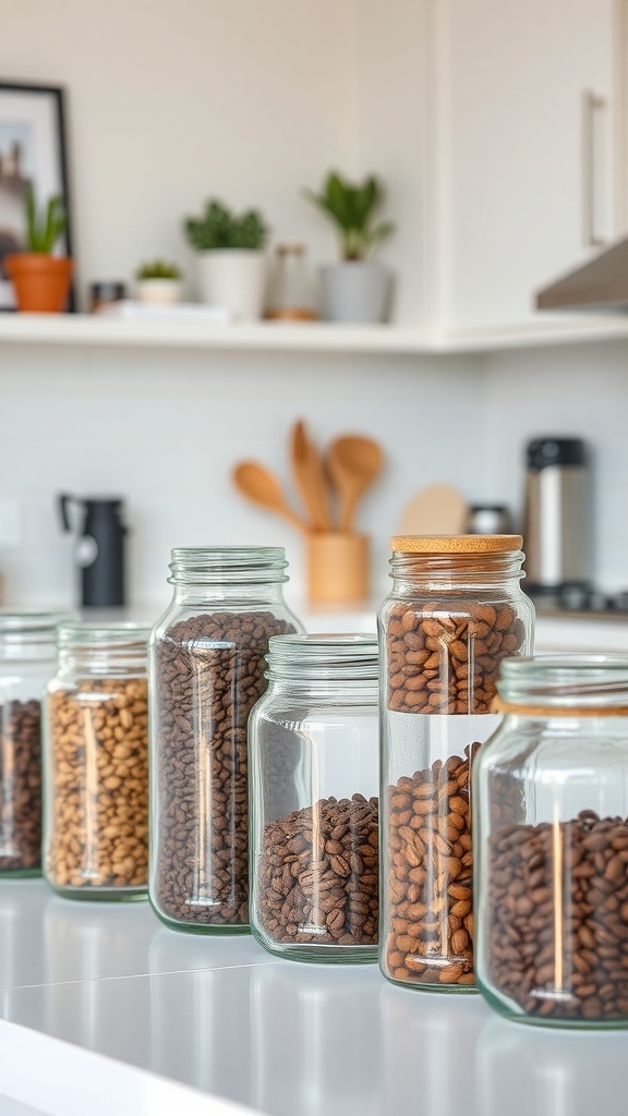 A collection of glass jars filled with various coffee beans on a kitchen counter.
