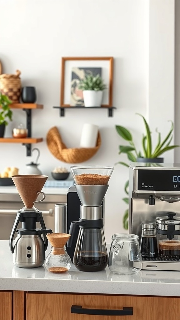 A stylish coffee brewing equipment display on a kitchen counter, featuring various coffee makers, a pour-over setup, and decorative elements.