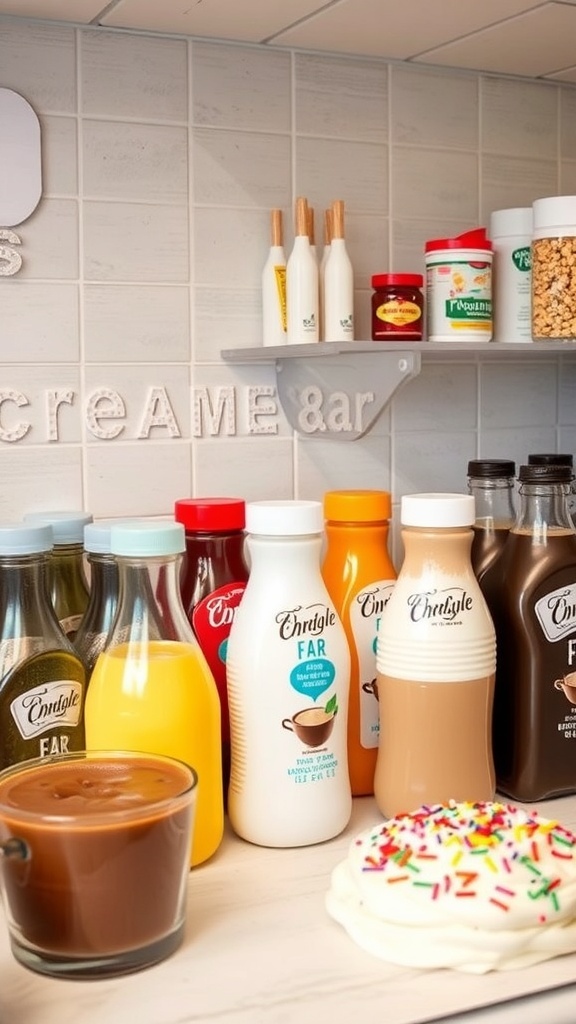 Coffee creamer bar with various bottles of creamers, toppings, and a decorated cookie.