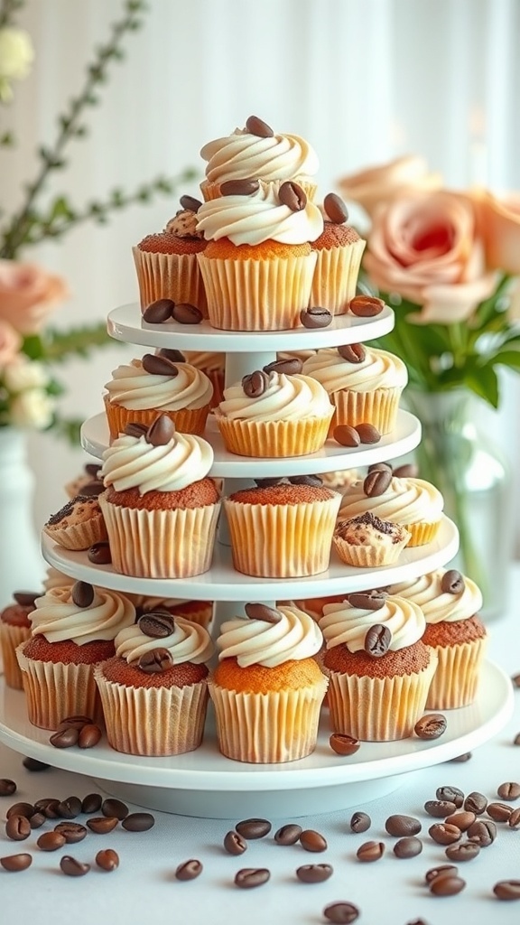 A tiered cupcake tower featuring various cupcakes decorated with swirls of frosting and coffee beans, surrounded by coffee beans on the table.