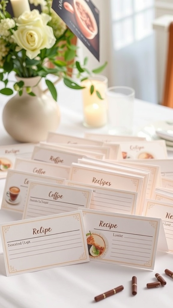 Coffee-themed recipe cards displayed on a table for a bridal shower