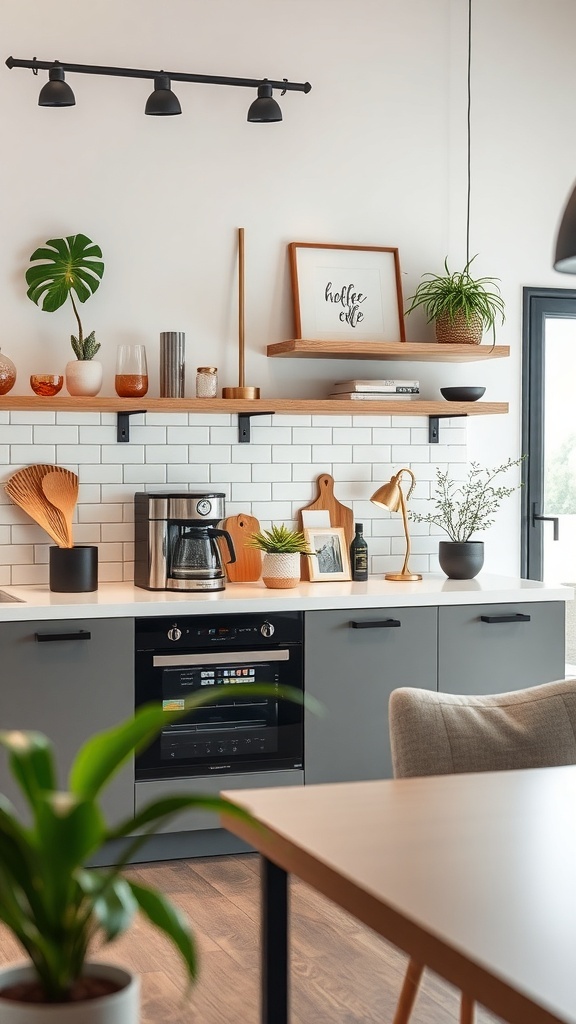 A modern coffee station in a kitchen featuring a coffee maker, wooden cutting boards, plants, and decorative items on open shelves.
