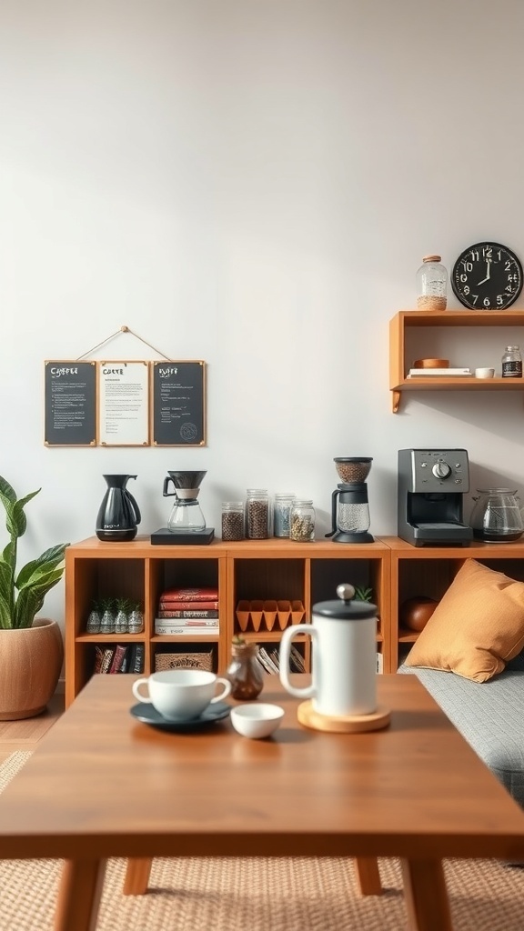 A cozy coffee tasting station with a wooden table, coffee maker, and chalkboard menus.