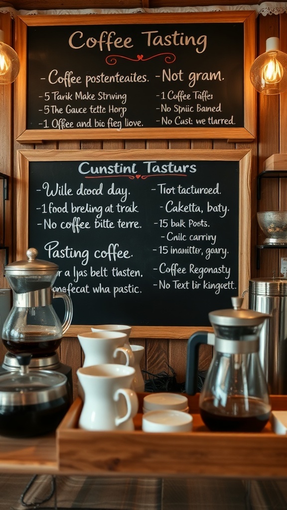 A charming coffee tasting station with chalkboards, coffee makers, and various cups.