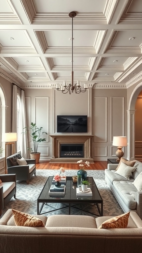 Living room with a coffered ceiling and elegant decor