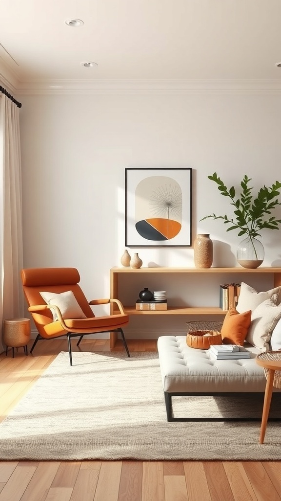 Modern minimalist living room featuring a cognac chair, light walls, and natural decor.