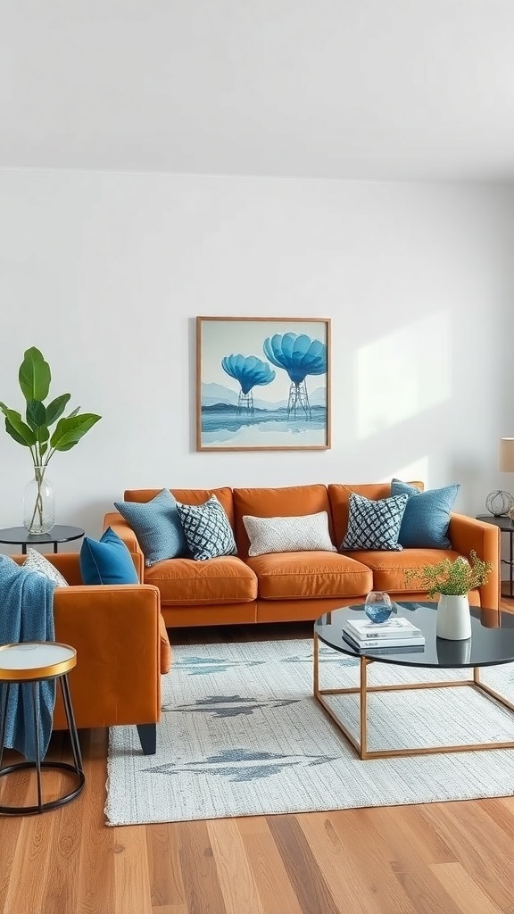 A cozy living room with a cognac-colored couch, blue pillows, and a modern coffee table.