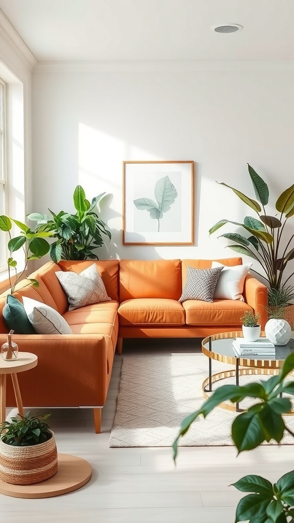 A cozy living room featuring a cognac couch surrounded by greenery and natural light.