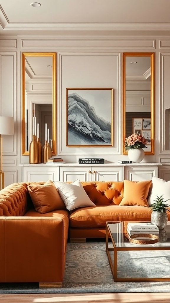 A stylish living room with a cognac couch, gold accents, and elegant decor.