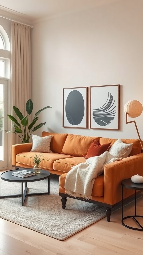 Living room featuring a cognac couch, neutral walls, and modern decor